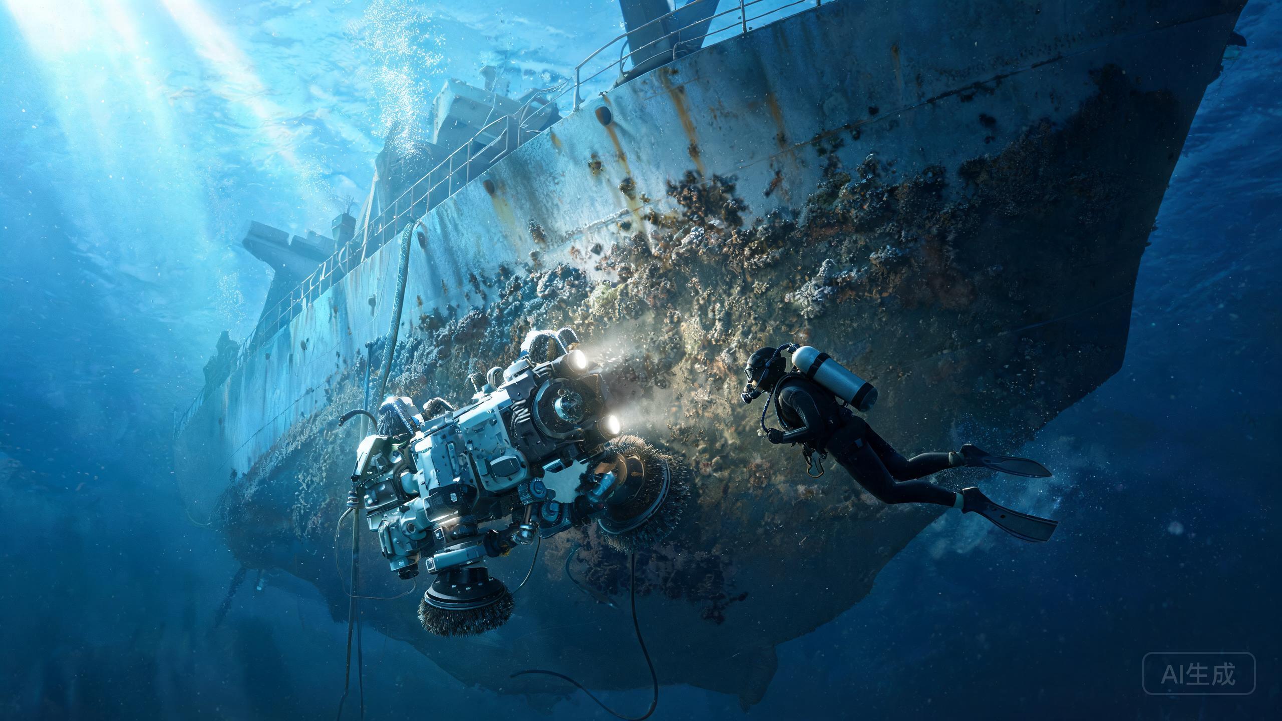 An underwater hull cleaning robot on a ship hull