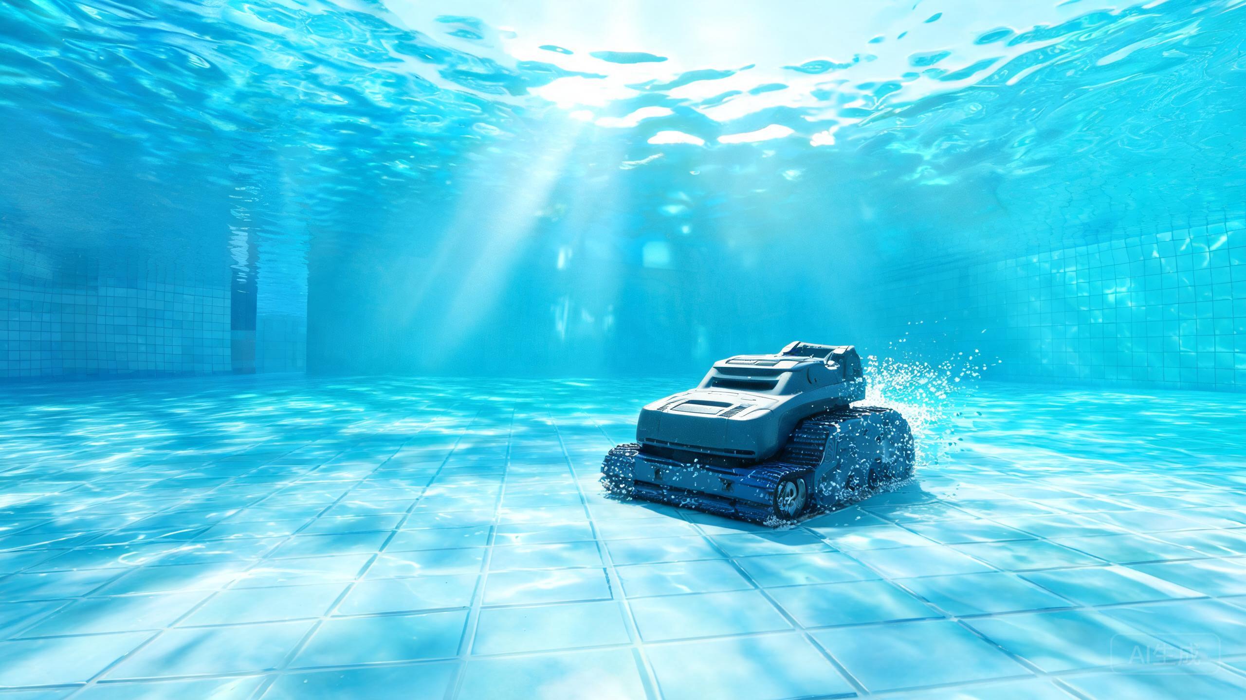 A robotic pool cleaner scrubbing a swimming pool floor
