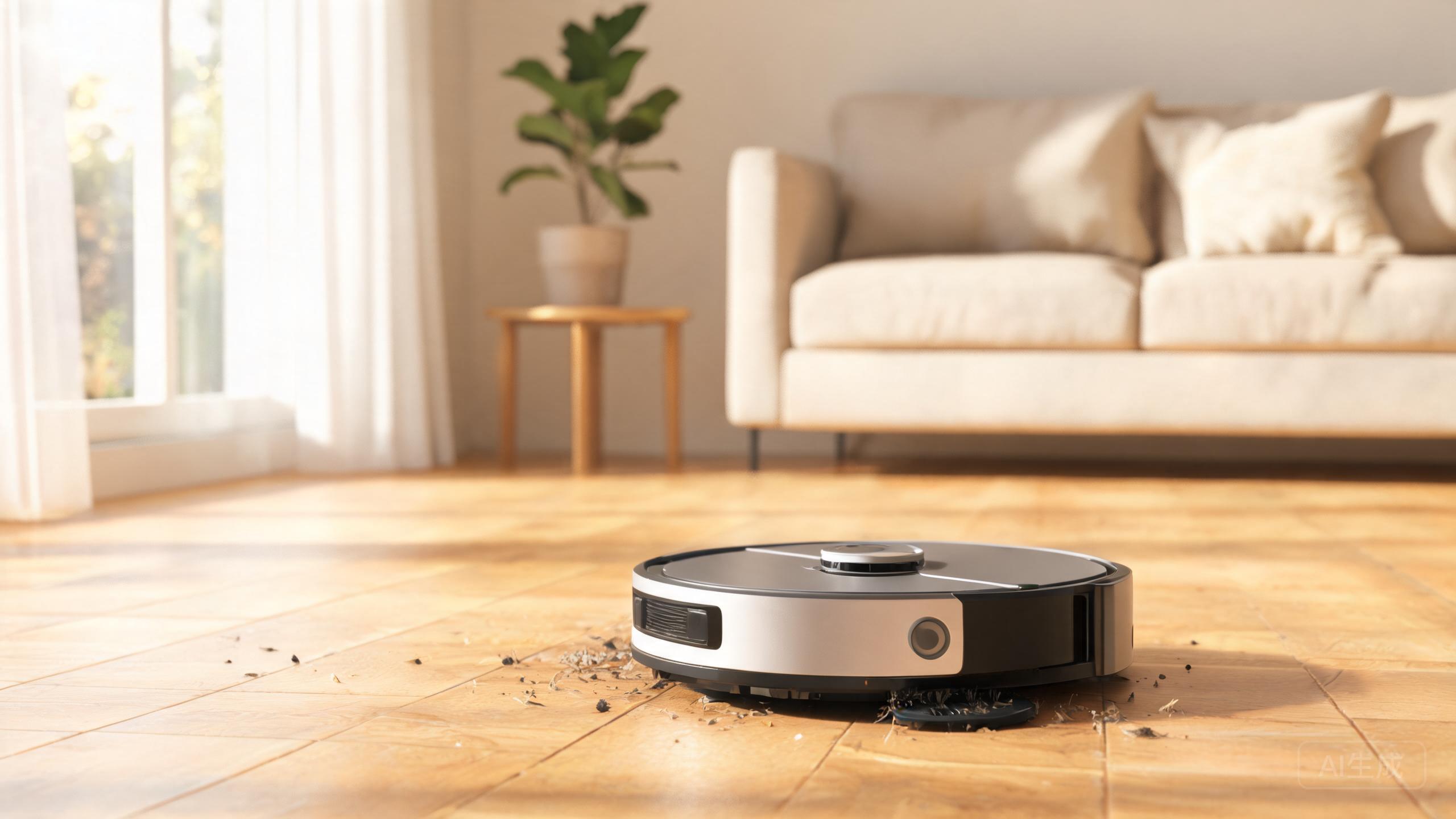 A robot vacuum cleaning a modern living room floor